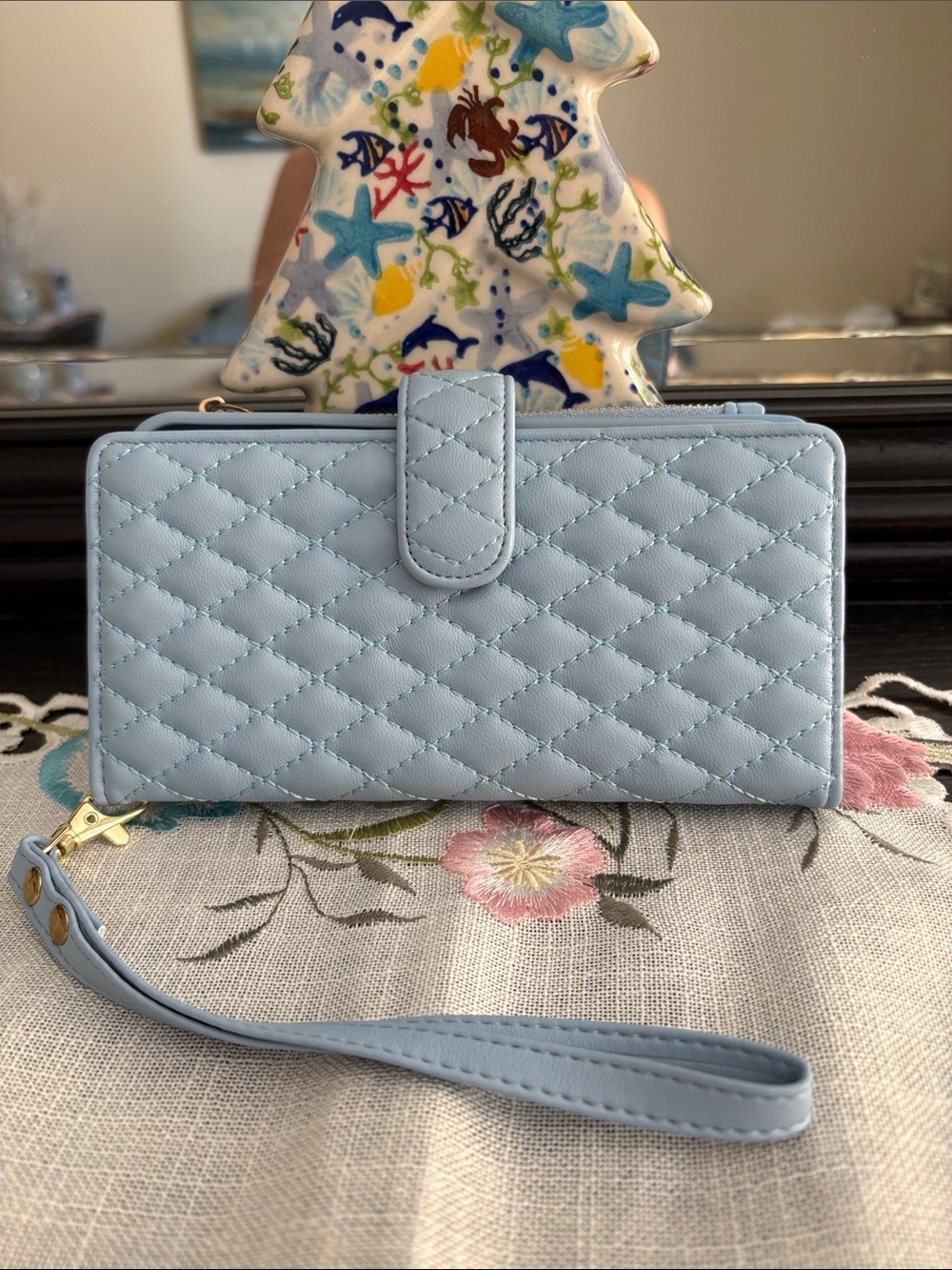 Quilted Light Blue Women's Wristlet Phone Wallet
